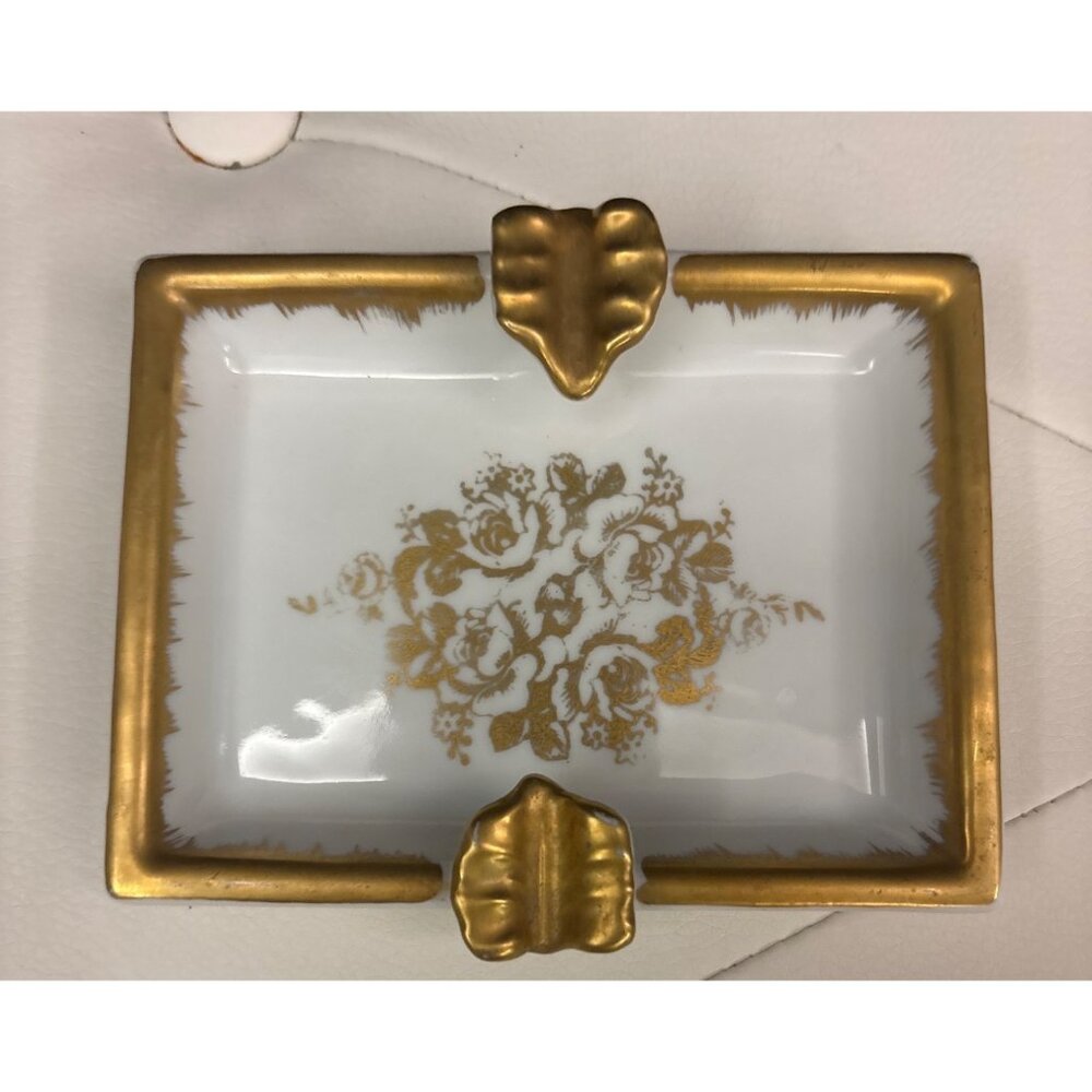 Vintage Porcelain Gold-Trim Ashtray Dish With Floral Design France Hand Painted